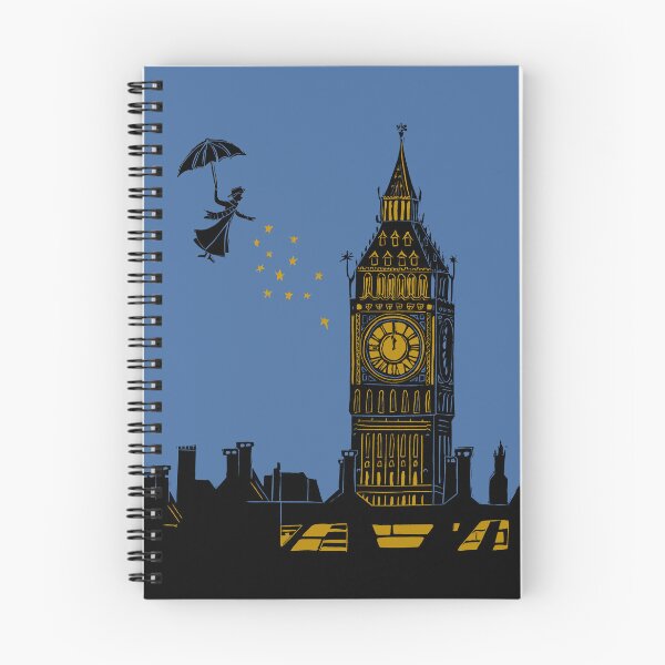 Item preview, Mary Poppins and Big Ben Linocut Silhouette Print in black, blue and gold designed and sold by Maddy Bennett.