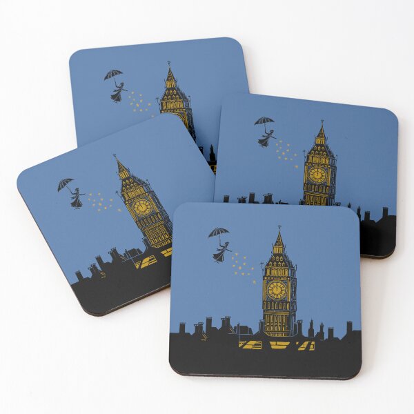 Item preview, Mary Poppins and Big Ben Linocut Silhouette Print in black, blue and gold designed and sold by Maddy Bennett.