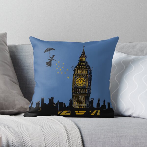 Mary Poppins and Big Ben Linocut Silhouette Print in black, blue and gold Throw Pillow