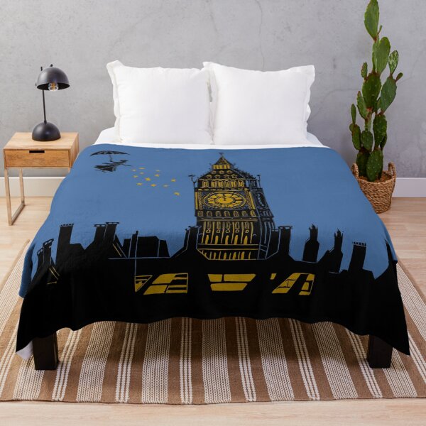 Item preview, Mary Poppins and Big Ben Linocut Silhouette Print in black, blue and gold designed and sold by Maddy Bennett.