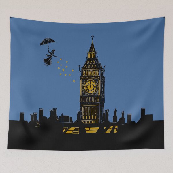 Item preview, Mary Poppins and Big Ben Linocut Silhouette Print in black, blue and gold designed and sold by Maddy Bennett.