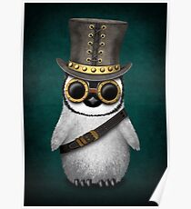 Steampunk Baby Penguin Teal Blue Poster