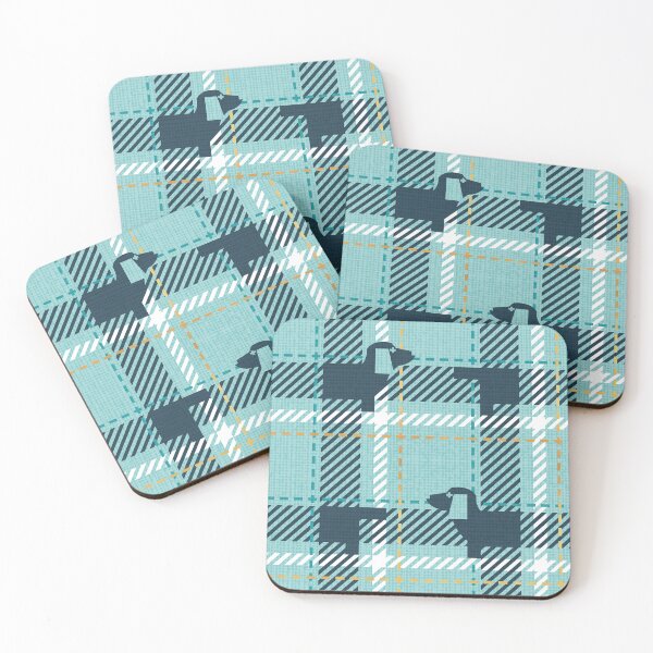 Item preview, Ta ta tartan doxie reworked tartan // nile blue background toast brown dachshund dog mint peacock blue and golden textured criss-crossed vertical and horizontal stripes  designed and sold by SelmaCardoso.
