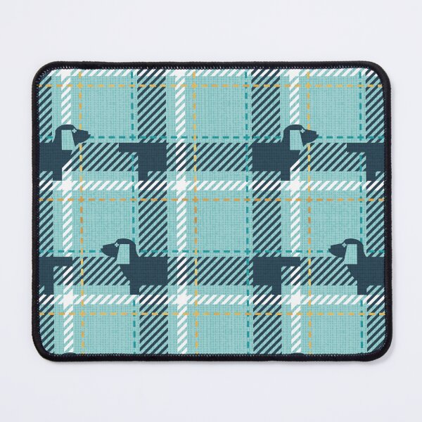 Item preview, Ta ta tartan doxie reworked tartan // nile blue background toast brown dachshund dog mint peacock blue and golden textured criss-crossed vertical and horizontal stripes  designed and sold by SelmaCardoso.