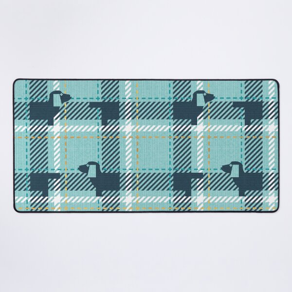 Item preview, Ta ta tartan doxie reworked tartan // nile blue background toast brown dachshund dog mint peacock blue and golden textured criss-crossed vertical and horizontal stripes  designed and sold by SelmaCardoso.