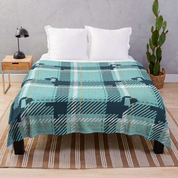Item preview, Ta ta tartan doxie reworked tartan // nile blue background toast brown dachshund dog mint peacock blue and golden textured criss-crossed vertical and horizontal stripes designed and sold by SelmaCardoso.