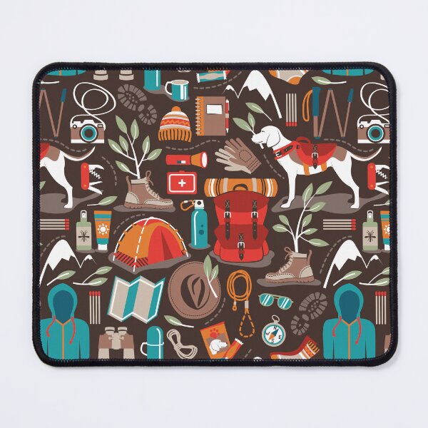 Item preview, Hiking trip // brown oak background orange red sage green and teal hike backpack essentials designed and sold by SelmaCardoso.