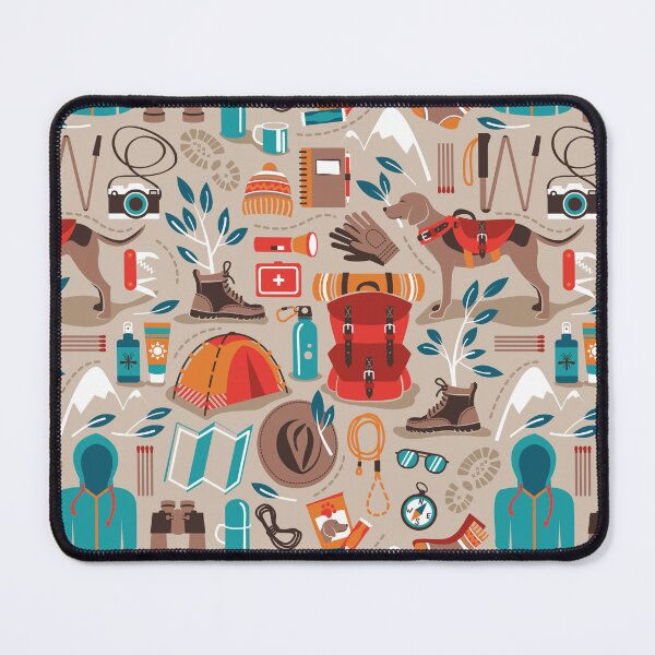 Item preview, Hiking trip // greige background orange red brown and teal hike backpack essentials designed and sold by SelmaCardoso.