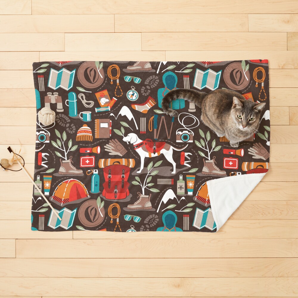 Hiking trip // brown oak background orange red sage green and teal hike backpack essentials Pet Blanket