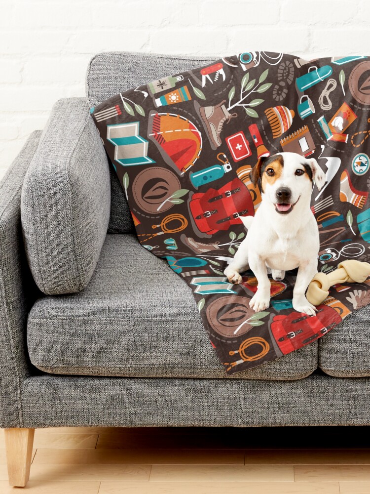 Alternate view of Hiking trip // brown oak background orange red sage green and teal hike backpack essentials Pet Blanket