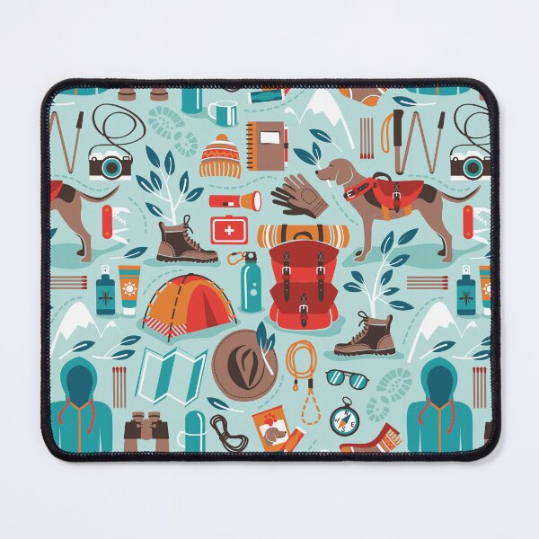 Item preview, Hiking trip // aqua background orange red brown and teal hike backpack essentials designed and sold by SelmaCardoso.