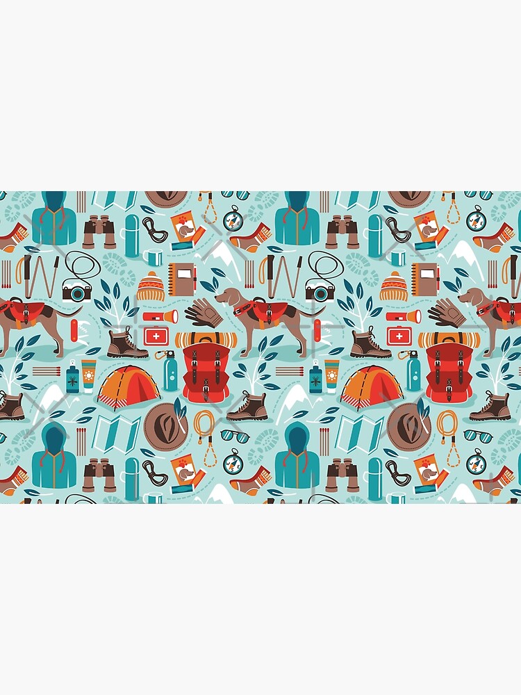 Hiking trip // aqua background orange red brown and teal hike backpack essentials by SelmaCardoso