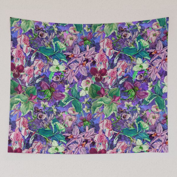 Artikelvorschau, Exotischer verträumter Blumenhimmel, botanische Illustration, Blumenmuster, blau-violette Blumen entworfen und verkauft von ZeinabTaha.