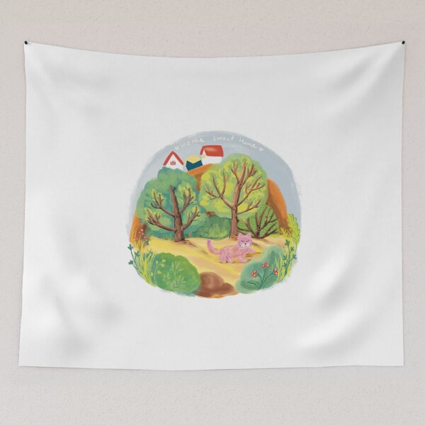 Item preview, Home sweet home design illustration print for merch and closing, cat, kitten, trees and nature, countryside designed and sold by andrii kutsachenko.