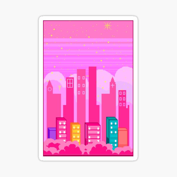 Kawaii Pink City Pixel Art Style Sticker