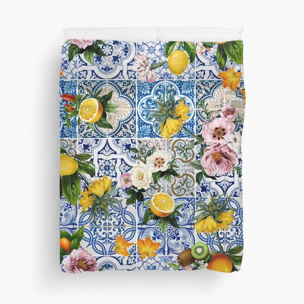 Sicilian vintage blue tiles pattern with lemon and flowers Duvet Cover