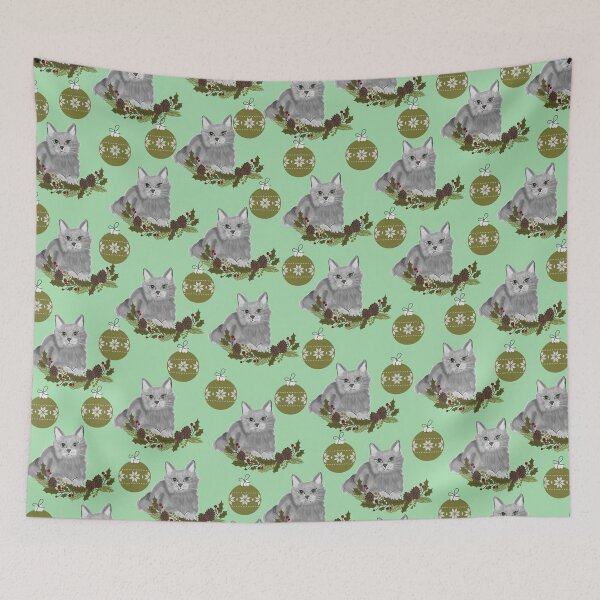 Item preview, Grey Cat Pattern with Green Ornaments in Green Background designed and sold by SMillustrations.
