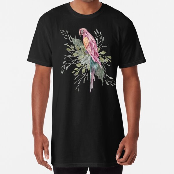 Tropical Green Leaves Parrot Long T-Shirt