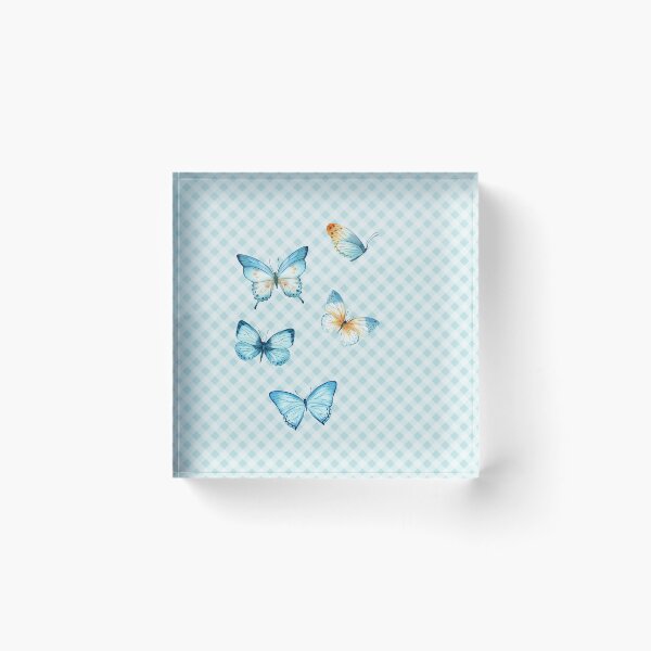 Item preview, Delicate Gingham and Butterflies Aesthetic, blue and cream orange watercolor painted butterflies designed and sold by Orianah.