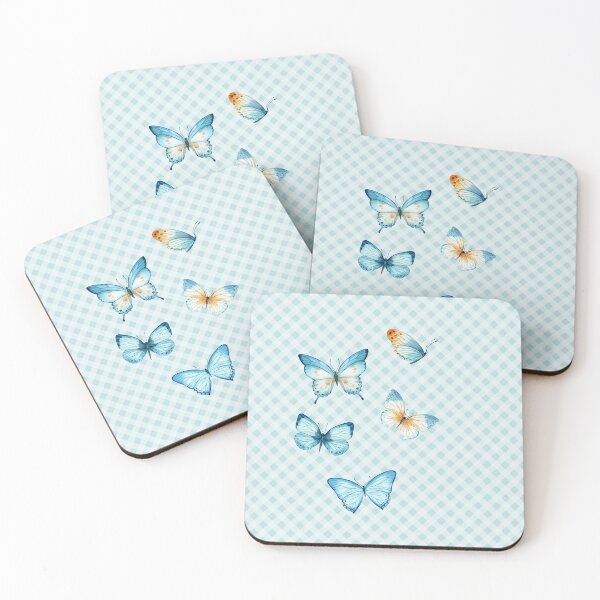 Item preview, Delicate Gingham and Butterflies Aesthetic, blue and cream orange watercolor painted butterflies designed and sold by Orianah.