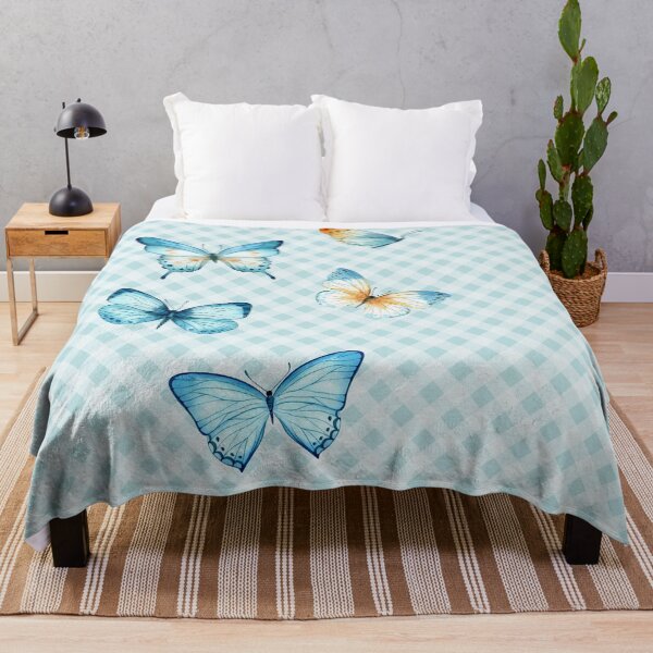 Item preview, Delicate Gingham and Butterflies Aesthetic, blue and cream orange watercolor painted butterflies designed and sold by Orianah.