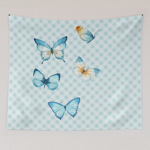 Item preview, Delicate Gingham and Butterflies Aesthetic, blue and cream orange watercolor painted butterflies designed and sold by Orianah.