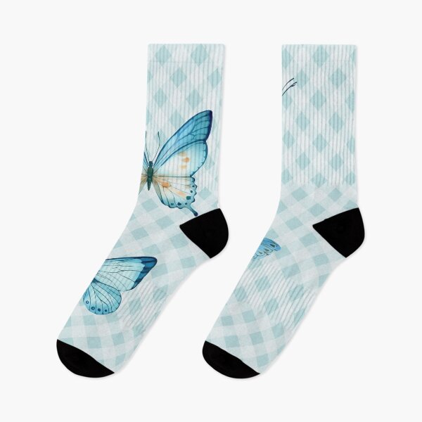 Item preview, Delicate Gingham and Butterflies Aesthetic, blue and cream orange watercolor painted butterflies designed and sold by Orianah.