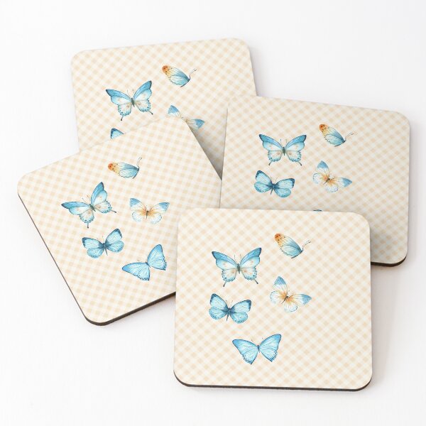 Item preview, Delicate Gingham and Butterflies Aesthetic, blue and cream orange watercolor painted butterflies designed and sold by Orianah.