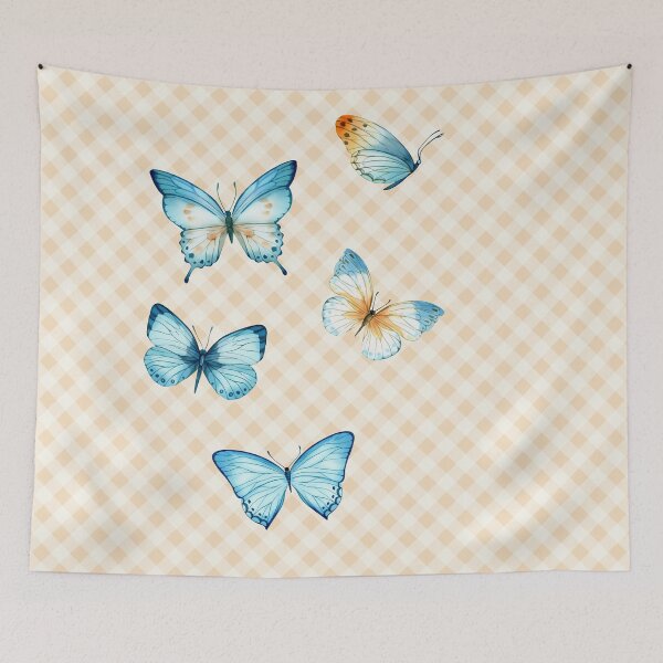 Item preview, Delicate Gingham and Butterflies Aesthetic, blue and cream orange watercolor painted butterflies designed and sold by Orianah.