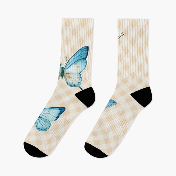 Item preview, Delicate Gingham and Butterflies Aesthetic, blue and cream orange watercolor painted butterflies designed and sold by Orianah.