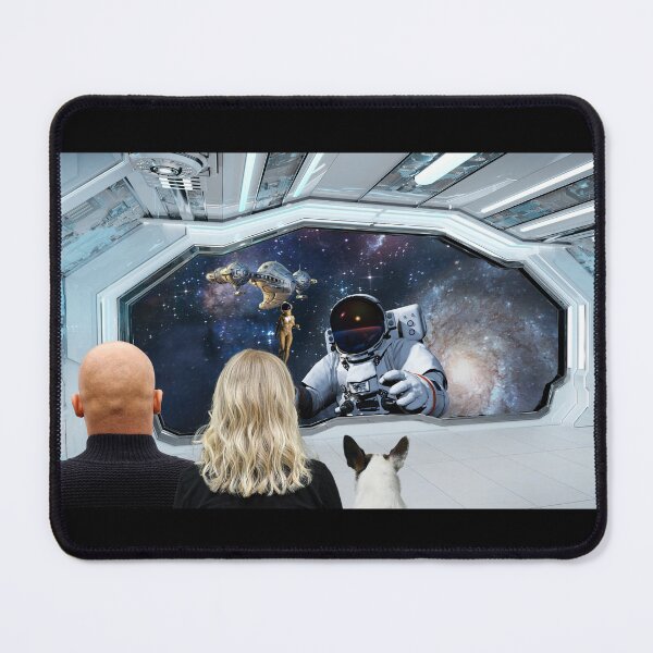 Item preview, Encounter Beyond the Stars. Family inside Spaceship watching the Astronaut doing a Space Walk when an Alien Ship arrives designed and sold by SnarkyTeesMugs.