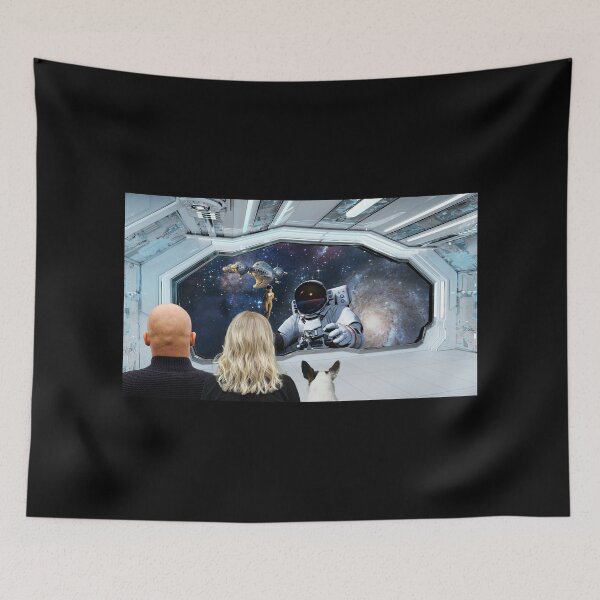 Item preview, Encounter Beyond the Stars. Family inside Spaceship watching the Astronaut doing a Space Walk when an Alien Ship arrives designed and sold by SnarkyTeesMugs.