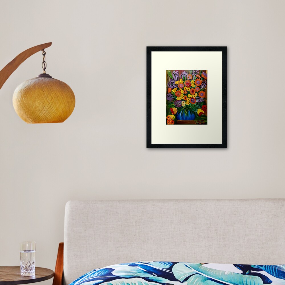 Some abstract vibrant colorful flowers in a glass vase with gold base accent Framed Art Print