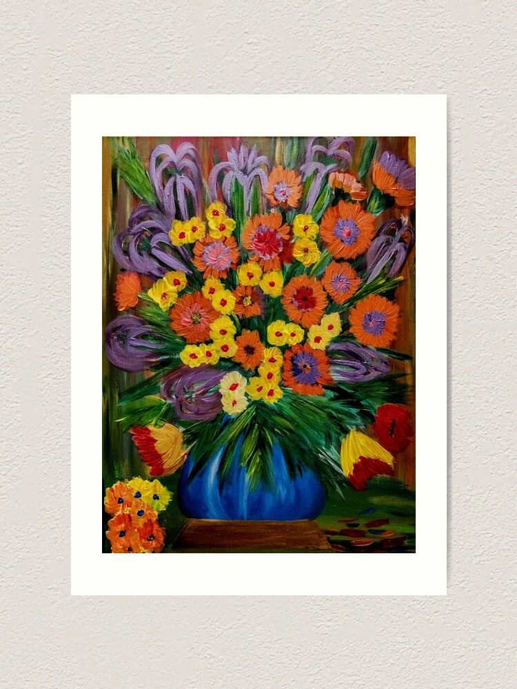 Alternate view of Some abstract vibrant colorful flowers in a glass vase with gold base accent Art Print