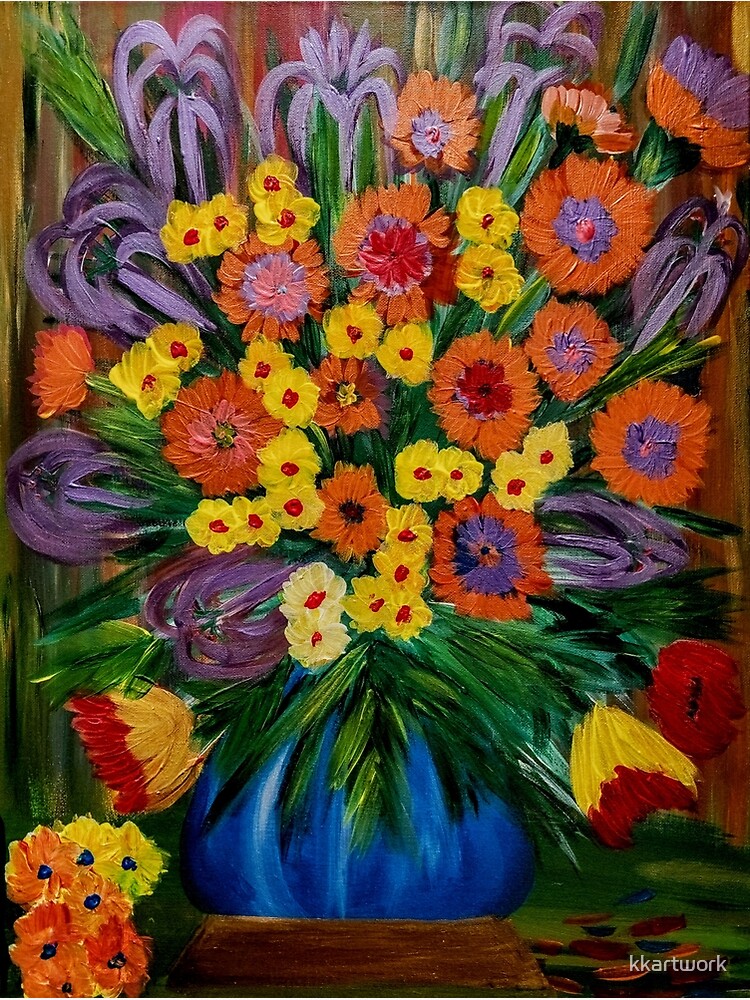 Some abstract vibrant colorful flowers in a glass vase with gold base accent by kkartwork