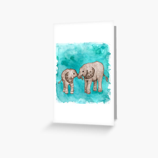 Baby Elephant Love - sepia on teal watercolour Greeting Card
