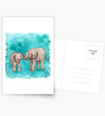 Baby Elephant Love - sepia on teal watercolour Postcards