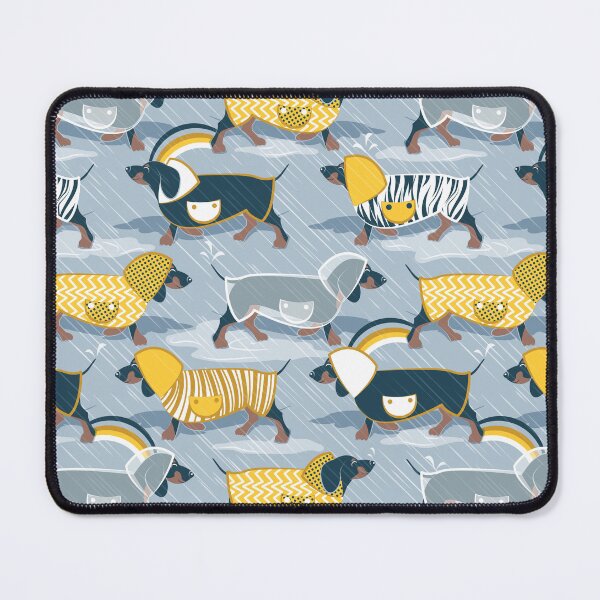 Item preview, April showers frenzy // pastel blue background dachshunds dogs with yellow and transparent rain coats designed and sold by SelmaCardoso.