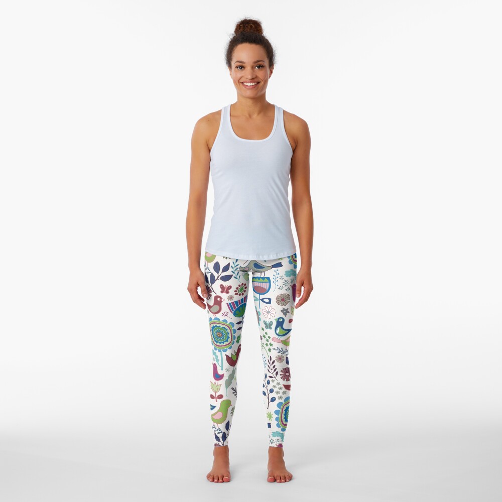 Birds and Blooms - Iznik - Pretty Floral Bird Pattern by Cecca Designs Leggings