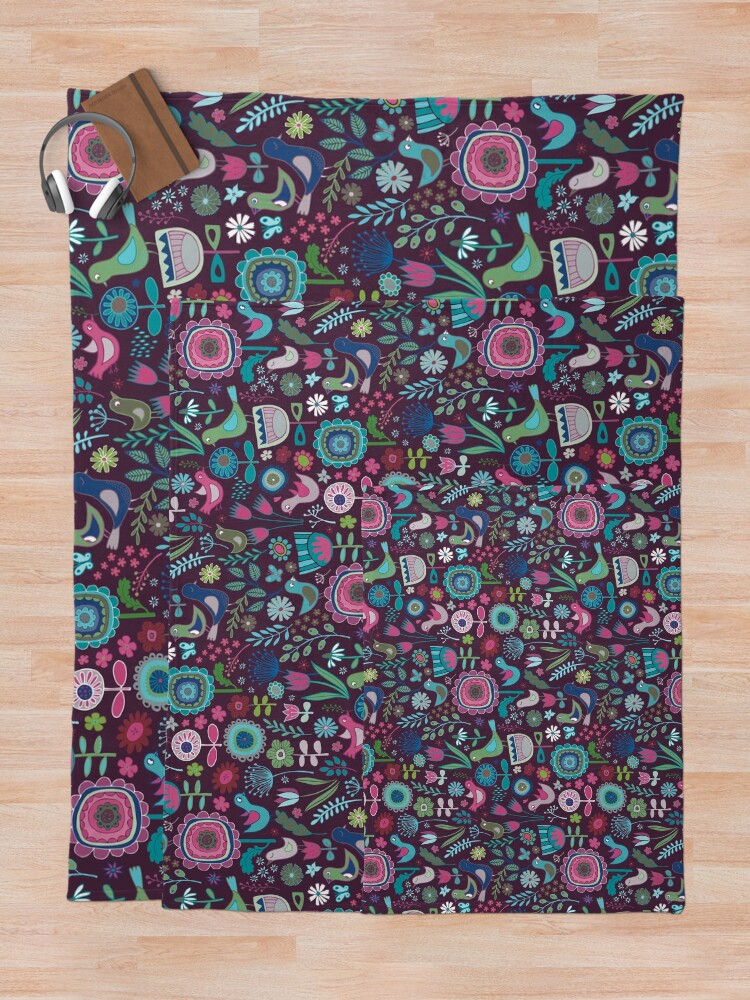 Thumbnail 5 of 6, Throw Blanket, Birds and Blooms - blueberry - pretty floral bird pattern by Cecca Designs designed and sold by Cecca-Designs.