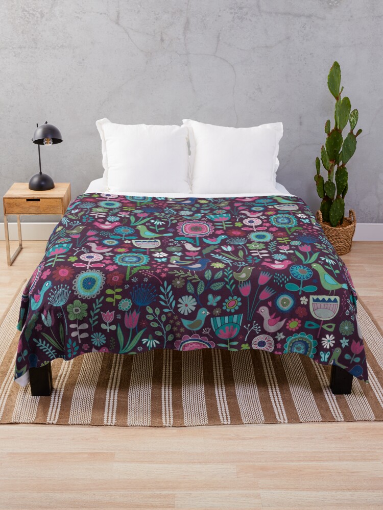 Thumbnail 1 of 6, Throw Blanket, Birds and Blooms - blueberry - pretty floral bird pattern by Cecca Designs designed and sold by Cecca-Designs.