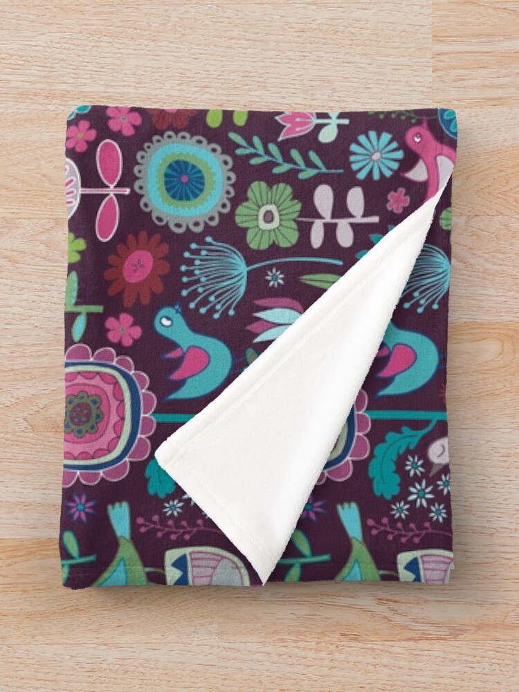 Thumbnail 3 of 6, Throw Blanket, Birds and Blooms - blueberry - pretty floral bird pattern by Cecca Designs designed and sold by Cecca-Designs.