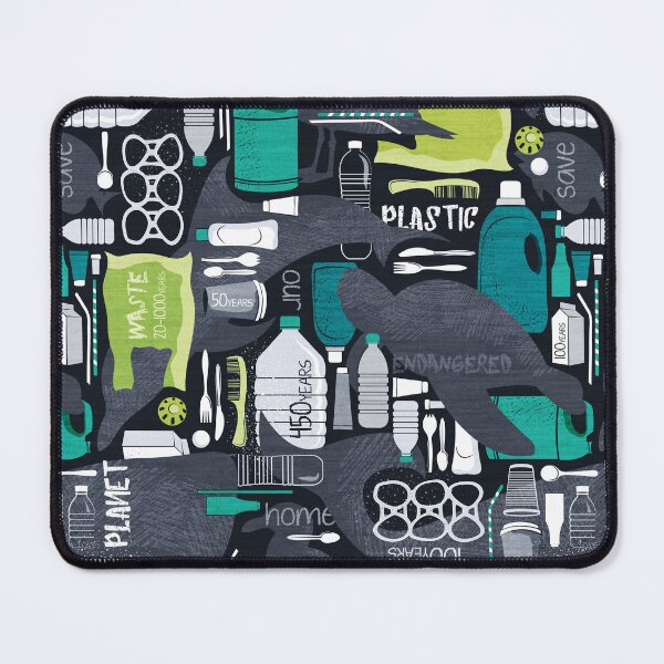 Item preview, Our plastic world // black background grey endangered animal species with green white and transparent plastic waste designed and sold by SelmaCardoso.