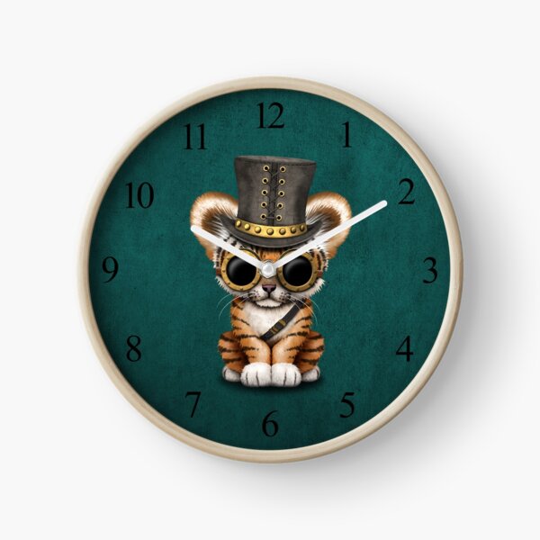 Steampunk Baby Tiger Cub Teal Blue Clock