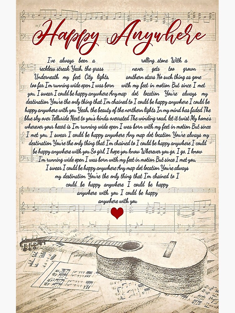 "Happy Anywhere Lyrics Poster, Blake Shelton Song Lyrics Poster, Song