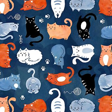 Artwork thumbnail, Playful cat pattern in orange and blue watercolor by adenaJ