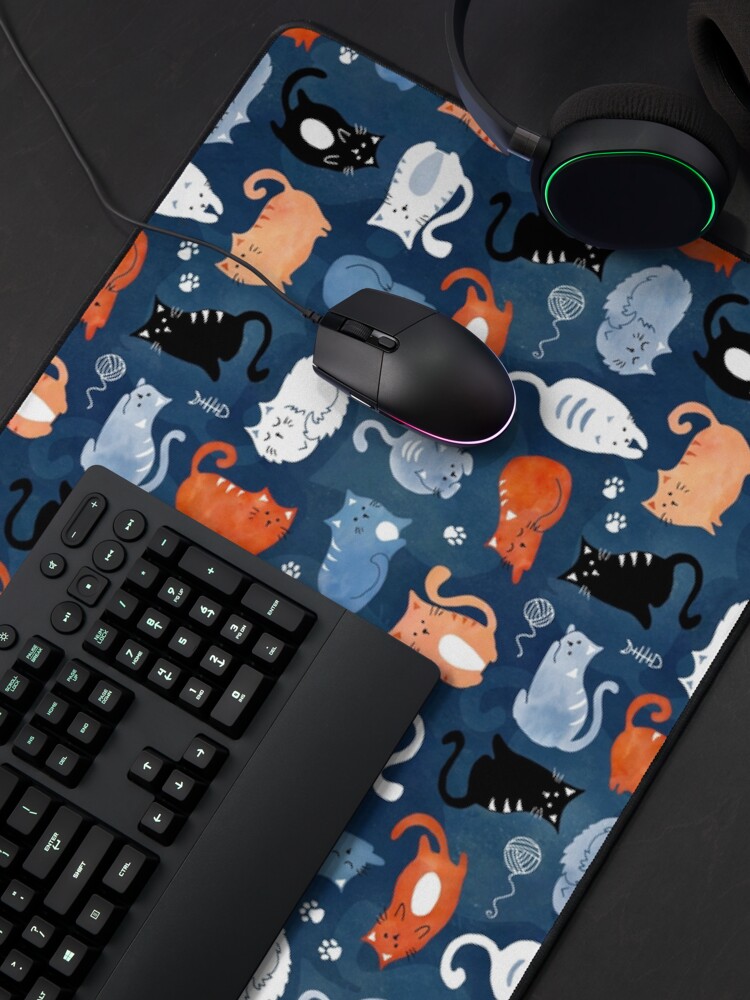 Thumbnail 4 of 5, Mouse Pad, Playful cat pattern in orange and blue watercolor designed and sold by adenaJ.