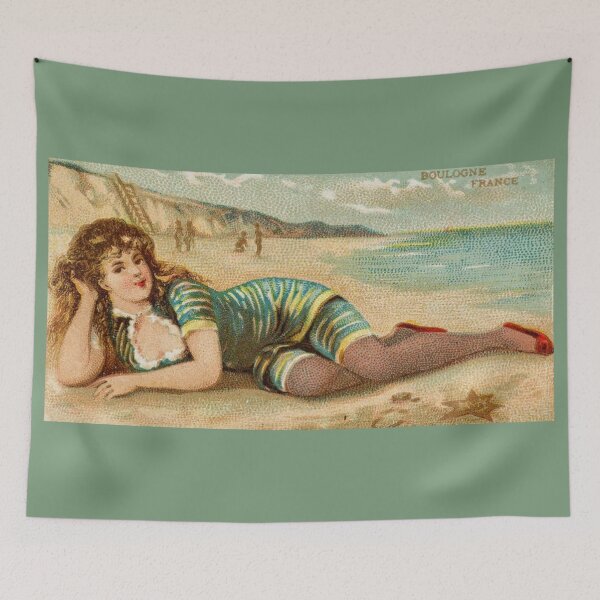 Item preview, Surf Beauty with Red Shoes Beach Girl Boulogne France 1889 Tobacco Ad designed and sold by bayberrygal.