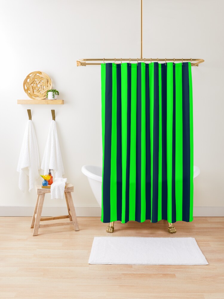 Neon Green And Navy Blue Vertical Stripes Shower Curtain By