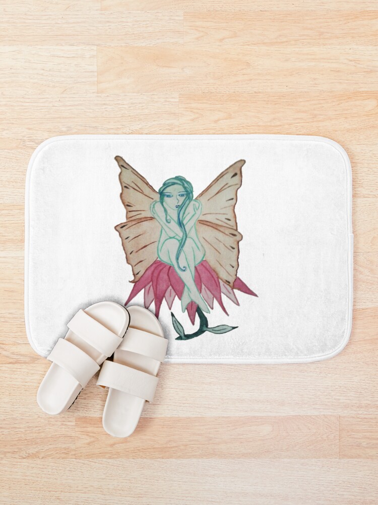 Thumbnail 1 of 6, Bath Mat, Fairycore Green Fairy Sitting on a Pink Flower designed and sold by LBlaze.